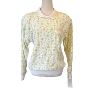 Vintage NWT Blouse White w Green Dots Shoulder Pads Crewneck + Collar